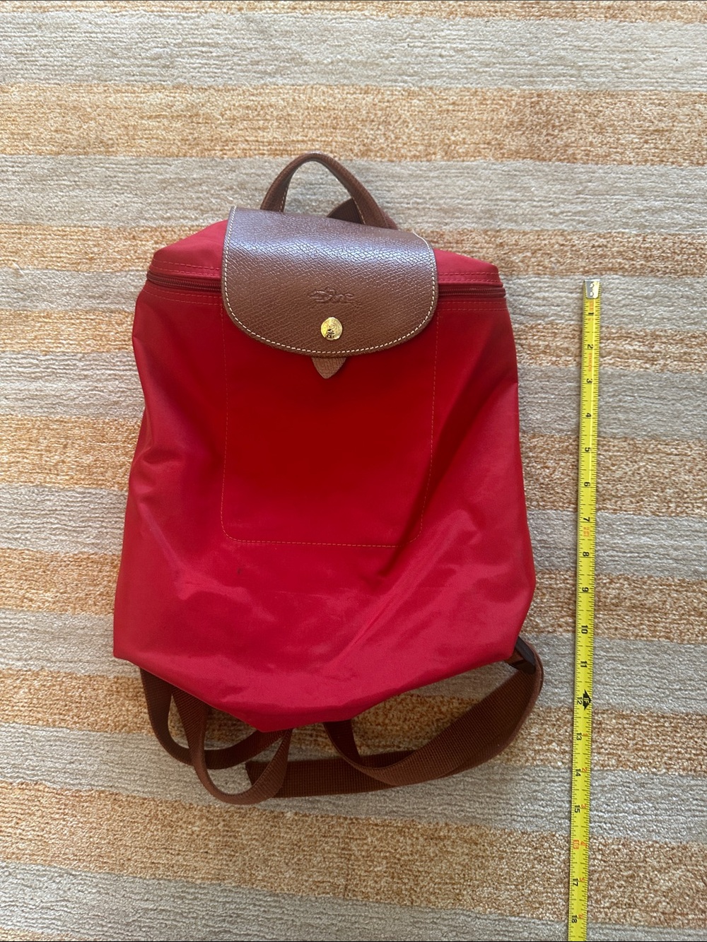 Longchamp Red Nylon Backpack with Brown Leather Flap